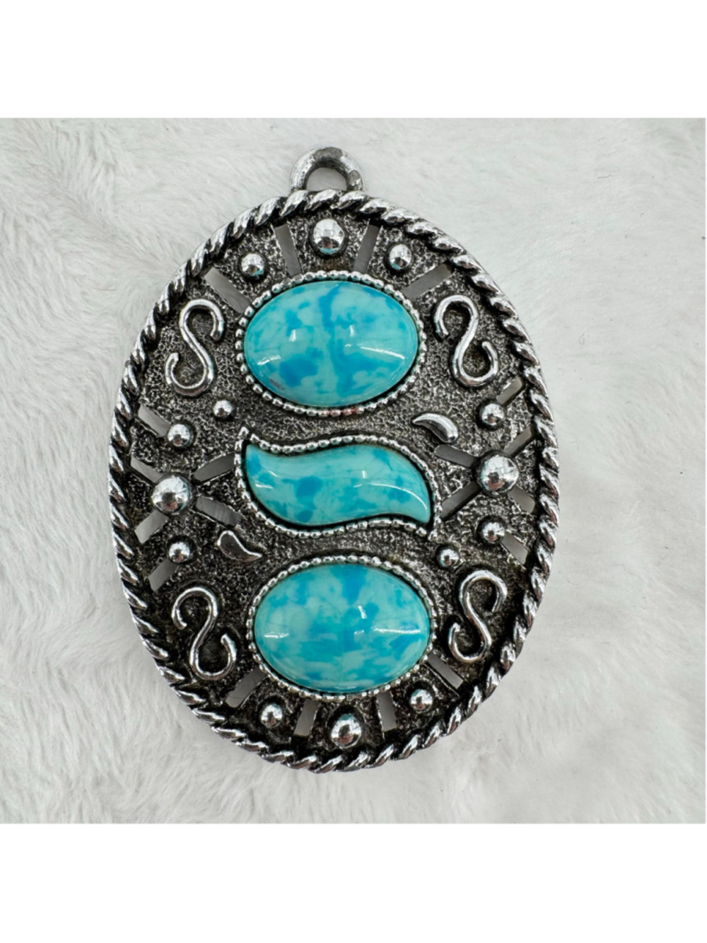 Vintage Sara Coventry Silver Tone & Turquoise Pendant Oval Southwestern Western